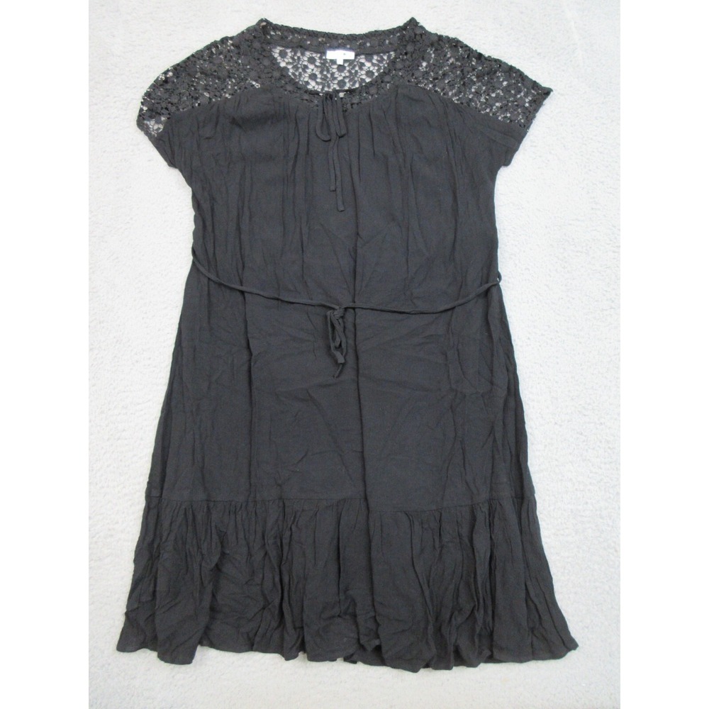 Calita‎ Crochet Lace Dress Womens M Black Drawstring Ruffle Hem Boho Cottagecore